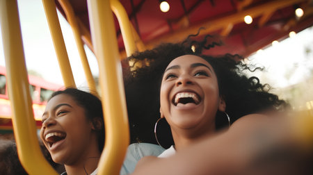 Two african american women laughing and having fun in amusement parkの素材