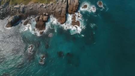 Aerial view of a rocky coastline with a large wave breaking on itの素材