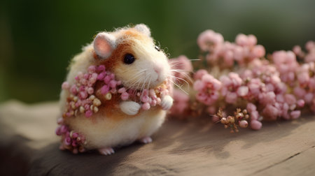 Hamster with pink flowers on a wooden background, close-upの素材