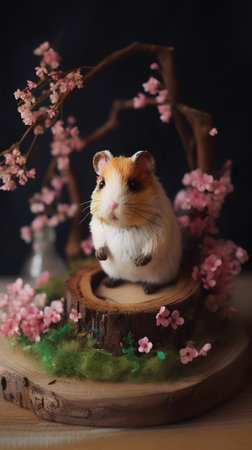 Hamster on a wooden stand with flowers in a vase.の素材