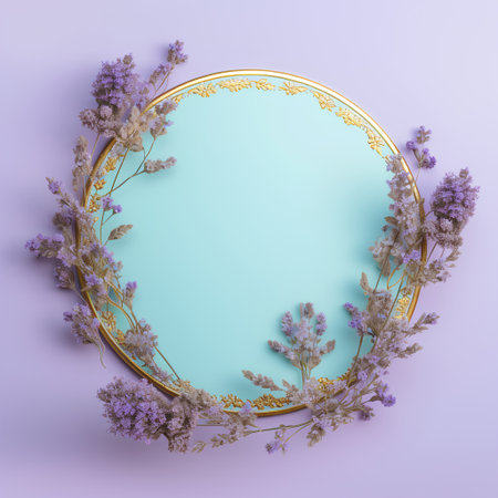 Round frame with lavender flowers on purple background. 3d renderの素材