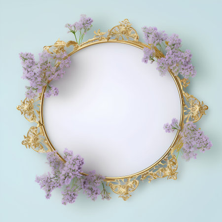 Round frame with lilac flowers on a blue background. Vector illustration.の素材