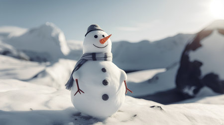 Snowman on the background of snow-capped mountains. Christmas and New Year concept.の素材