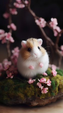 Cute hamster with pink sakura blossoms on moss.の素材