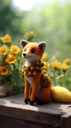 Cute little fox with yellow flowers in the garden, vintage styleの素材
