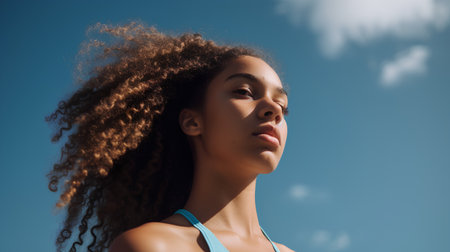Beautiful african american young woman with long curly hair on blue sky backgroundの素材