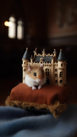 Cute hamster sitting on a pillow in front of a castleの素材