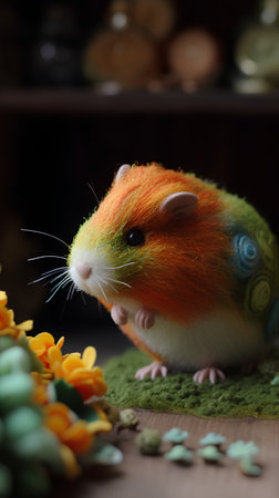 Hamster and flowers on a wooden background. Selective focus.の素材