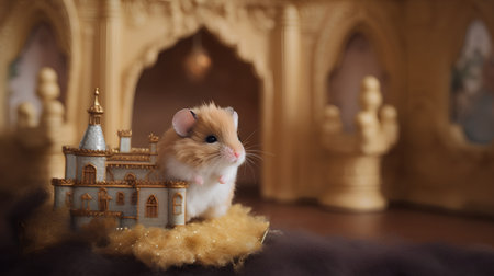 Hamster on the background of a toy castle in the form of a houseの素材