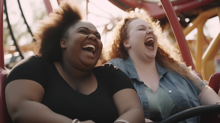 Portrait of two young women laughing while riding on a roller coasterの素材