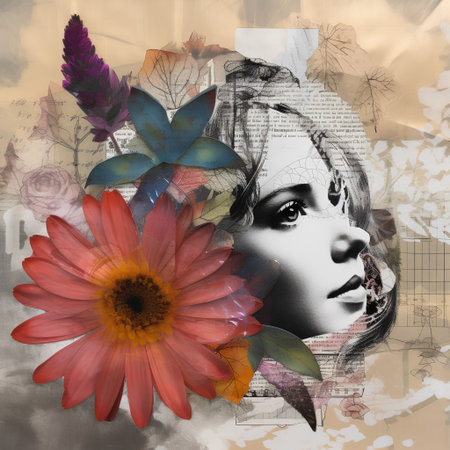 portrait of a beautiful girl with flowers on a grunge backgroundの素材
