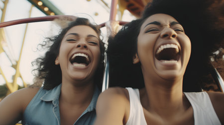 Two young women having fun at the amusement park, laughing and having fun.の素材