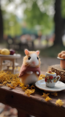 Hamster with a cup of tea on a wooden table in the parkの素材