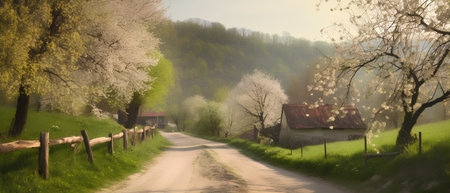 Beautiful spring landscape with a rural road and blooming trees.の素材