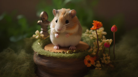 Hamster in a pot with flowers on a green moss background.の素材