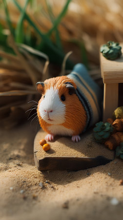 Cute guinea pig in a knitted hat on the sand.の素材