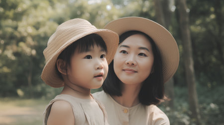 Asian mother and daughter in the park. Happy family concept. Vintage tone.の素材