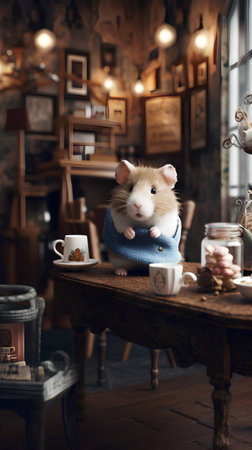 Cute little hamster sitting on a wooden table in a cozy roomの素材