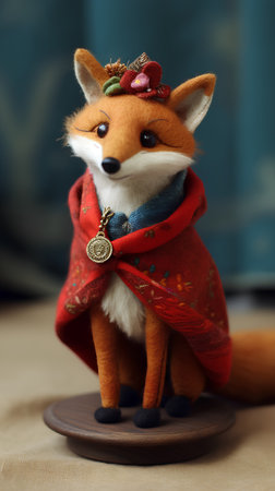 Cute little fox in a red scarf with a golden ring.の素材