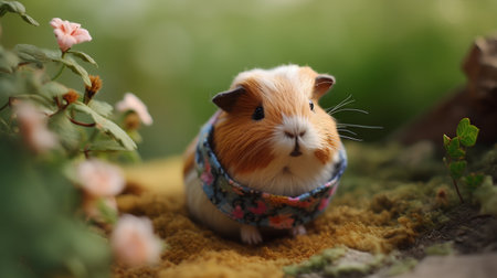 Guinea pig with a colorful scarf on the background of spring flowersの素材