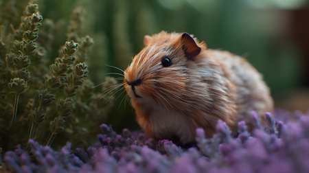 Cute little hamster sitting on lavender flowers in the garden.の素材