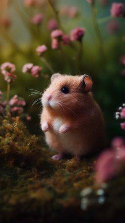 Hamster on moss with flowers in the background. Selective focus.の素材