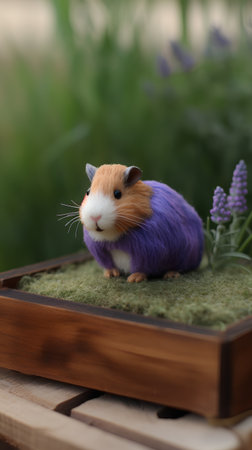 Guinea pig with lavender flowers in a wooden box on green grassの素材