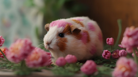 Guinea pig on a background of pink flowers. Cute pet.の素材