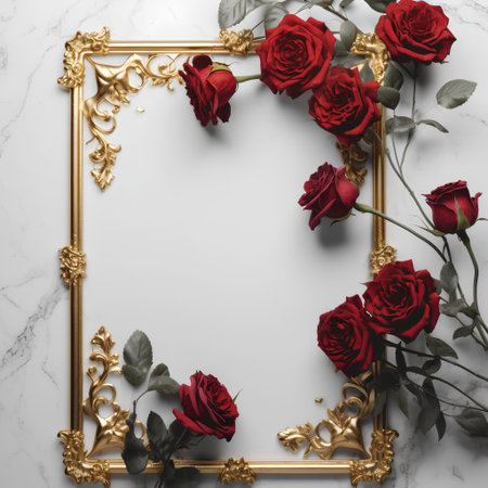 Frame with red rosesle background. Flat lay, top viewの素材