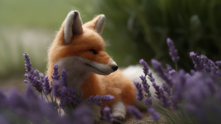Red fox in the lavender field, close-up, selective focusの素材
