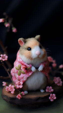 Hamster with pink flowers on a dark background. Hamster in a scarfの素材