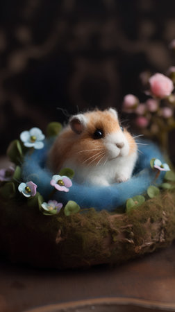 Hamster in a nest with flowers on a dark background. Easter decoration.の素材