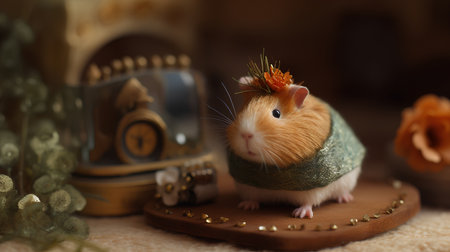 Cute little hamster with a wreath on his head.の素材
