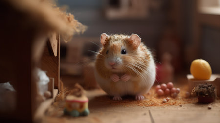 Hamster and easter eggs on a wooden table in the roomの素材