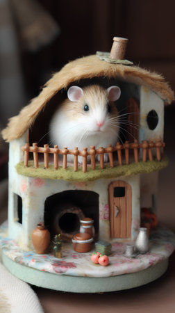 Hamster in a birdhouse on a wooden background. Hamsterの素材