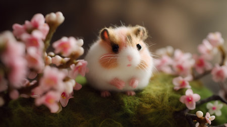 Hamster on a tree branch with pink flowers in the background.の素材