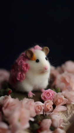 Cute little hamster with pink hair and flowers on black backgroundの素材