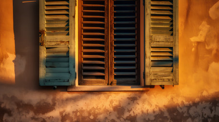 Old wooden shutters on the orange wall of the house. Toned.の素材