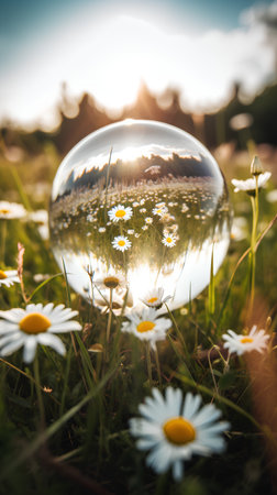 A crystal ball with chamomile flowers in the meadowの素材