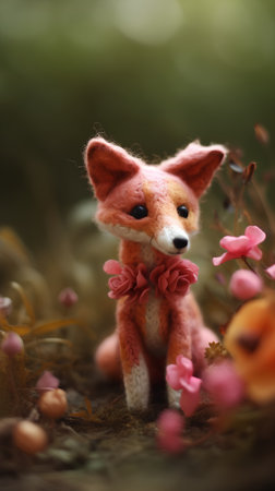 Beautiful little red fox toy in the autumn forest. Selective focus.の素材