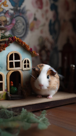 Guinea pig on the background of a wooden house and a Christmas treeの素材
