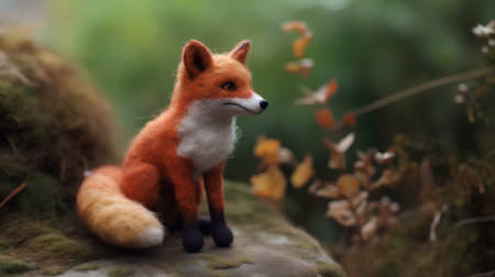 Red fox sitting on a rock in the forest, vintage style.の素材