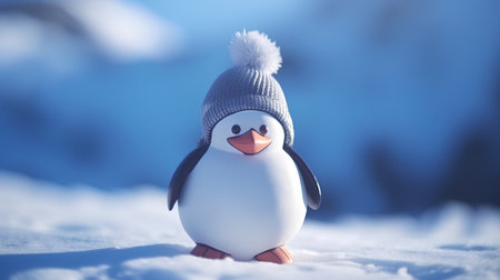 Cute penguin on snow with blue background, soft focus.の素材