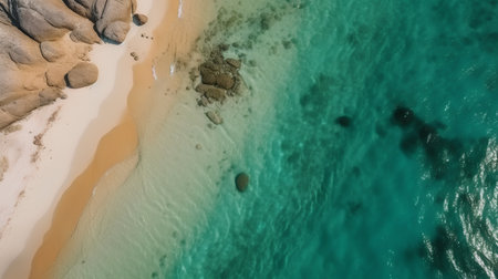 Aerial view of a beautiful beach with turquoise water and white sandの素材