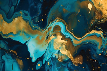 Blue and gold abstract acrylic background. Marbling artwork texture. Agate ripple pattern. Gold powder.の素材