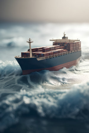Container ship in the ocean. 3D illustration. Vintage style.の素材