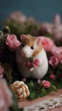 Hamster with flowers on a background of pink roses, vintage styleの素材