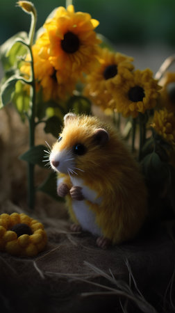 Hamster with yellow flowers. Hamster on a dark background.の素材