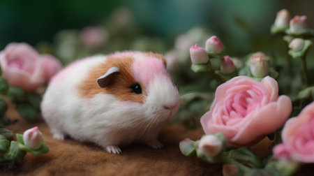 Cute guinea pig with pink flowers on a brown background.の素材