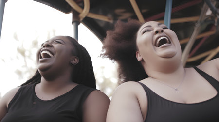 Portrait of two happy African American women laughing and having fun in amusement parkの素材